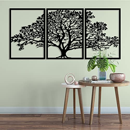 Dekory Arbre de Vie en Métal Noir – Triptyque Décoration Murale 3 Panneaux, Art Mural Moderne Grand Format pour Salon, Chambre, Bureau - 198x91 CM