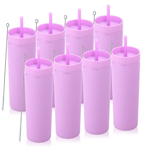 Volhoply 600ml Trinkbecher mit Deckel und Strohhalm Achterpack,Doppelwandiger Wiederverwendbar Reisebecher,BPA-freier Matte Pastellfarben Acryl-Plastikbecher für Fruchtsaft,Geschenk,Eiskaffee(Lila,8)