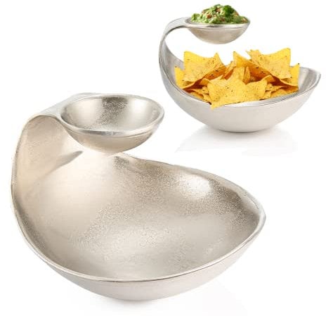 GUTE Chip and Dip Serving Bowl Silver Brass Tiered Snack, Candy & Salad Bowl Chip n Dip Decorative Centerpiece Serving Platter for Nuts, Chip & Dip, Salsas, Food Tray, Serveware Home Decor 1PC