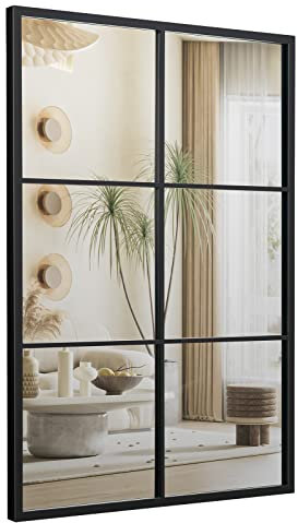 COSTWAY 100x70cm Decorative Wall Mirror, Large Rectangle Metal Frame Windowpane Mirror, Horizontal/Vertical Wall Mounted Hanging Accent Decor Mirrors for Living Room, Bedroom and Hallway, Black