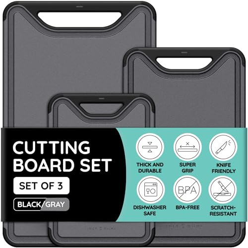 Schneidebretter für Küche,Kunststoff Schneidebrett 3er Set, Spülmaschinenfeste Schneidebretter mit Saftrillen, Dicke Schneidebretter für Fleisch, Gemüse, Easy Grip Griff, rutschfest (Schwarz/Grau)