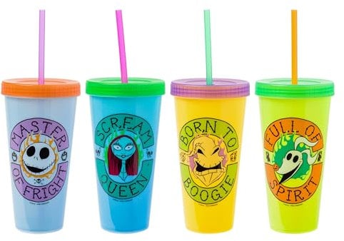 Disney The Nightmare Before Christmas Townsfolk Color-Changing Plastic Tumbler Cups, Set of 4 | Include Reusable Straw and Leak-Resistant Lid
