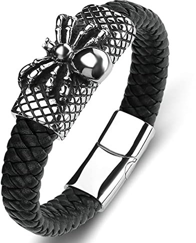 Ayoiow Armreifen Herren, Herren Armbänder Edelstahl Armband Jungen Leder Schwarz Flechtarmband mit Spinne