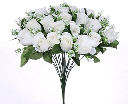 24 Roses Rosebud Bush Rose Bouquet Grave Flowers With Greenery & Foliage Artificial Flowers For Graves Memorial Home Decor Table Centrepiece Wedding Cemetery Flowers Size 41cm (White 077038)
