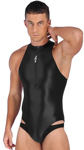 Agoky Herren Sissy Body Dessous Ärmellos Glossy Bodysuit mit Reisverschluss Stringbody Einteiler Unterwäsche Badeanzug Schwimmanzug Schwarz Einheitsgröße