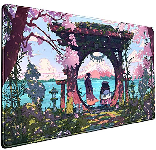 Pink Japan Anime Gaming Green Mouse Pad - Large, Non-Slip Rubber Mat for Desk, Computer, Pc, Laptop, Office Decor - Women, Stitched Edges - 31.5x15.7 In