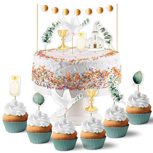 Papierdrachen - festliche Kuchenstecker für eine einzigartige Tortendekoration - Kuchen Topper 19-teilig - für verschiedene Anlässe wie Taufe, Kommunion, Firmung - Eukalyptus - Set 1