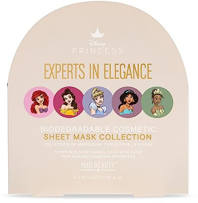 MAD BEAUTY Disney Princess Face Mask Set 5-pack | Tiana, Belle, Jasmine, Cinderella, Ariel | Green Tea, Pomegranate, Coconut, Lavender, Cucumber