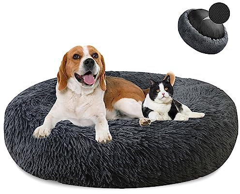 MAIFENGL Hundebett Flauschig, Donut Plüsch Katzenbett Waschbar Weicher Haustierbett für Kleine, Mittelgroße und Große Hunde, Katzen-Dark Gray||Ø40cm/16in