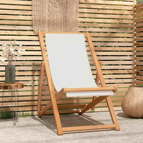 Homgoday Teak-Liegestuhl 56x105x96 cm Creme | Garten, Strand & Camping | 3 Stellbare Rückenlehne | Zusammenklappbar & Montagefreundlich Model43802