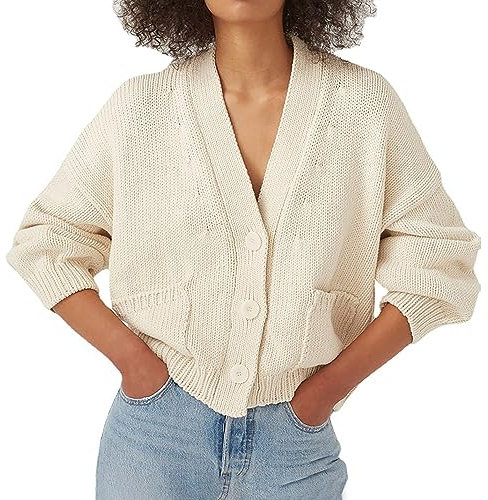 Donne Duster Cardigan Autunno e Inverno Donna Manica Lunga Tasca Monopetto Scollo a V Maglia Cardigan Maglione Taupe, bianco, M
