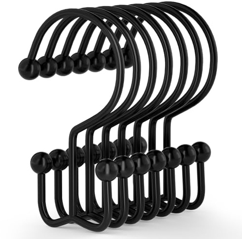 Goowin Shower Curtain Hooks, 12 Pcs Shower Curtain Rings, Durable Rust Proof Black Shower Curtain Hooks, Shower Rings for Curtain, Double Glide Shower Hooks for Shower Curtain Rods, Black