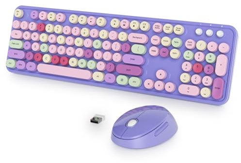 Fogruaden Purple Keyboard and Mouse Wireless, Retro Typewriter Keyboard, 2.4GHz 104 Keys Full Size Cute Keyboard with Number Pad, Purple Colorful Keyboard with Round Keycap for Windows PC Laptop