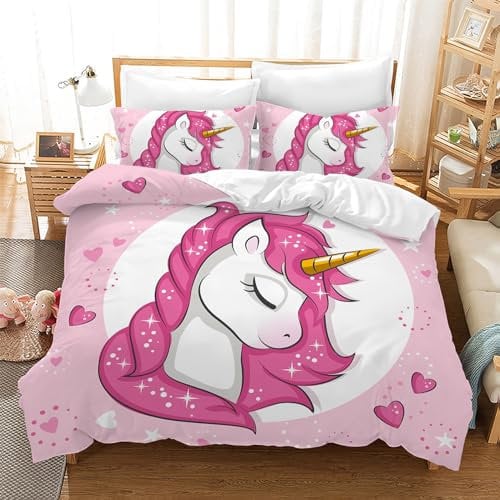 Leleyouzer Einhorn Bettwäsche für Mädchen Kinder,Weiche und Bequeme Mikrofaser Bettwäsche,Niedlicher Einhorn Bettbezug mit Reißverschluss + 2 Kopfkissenbezüge 50 x 75cm (E 1, 135×200 cm)