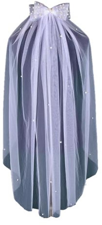 Wisafory Brautschleier mit Schleife Perlen Hochzeit Braut Schleier Kurz Hochzeitsschleier mit Haarkamm Doppellagiger Elegante Tüll Haarschleife Perlenschleier Haarschmuck 100 * 160cm Beige