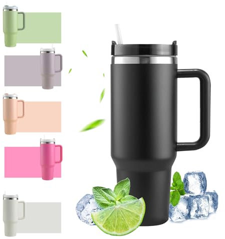 HLDGCX 40oz Thermobecher mit Strohhalm und Henkel, 1200ml Kaffeebecher To Go, Doppelwandiger Edelstahl Vakuum Isolierbecher mit Deckel, Tragbarer Autobecher für Heißer & Kalter Getränke - Schwarz