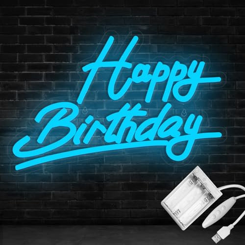 Blue Happy Birthday Neon Sign Battery Operated, Usb Powered Neon Signs for Wall Decor, Adjustable Brightness Happy Birthday Signs(15 x 9.6 inches)