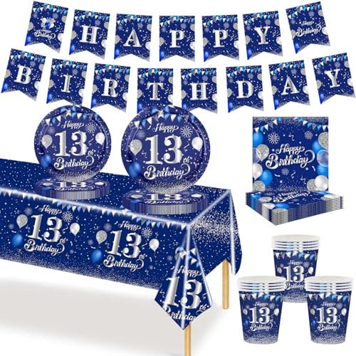 MORAINJAY 70P 13th Birthday Tableware - Navy Blue, 13th Birthday Cups, Plates, Napkins, Tablecloth, Paper Banner - Table Decoration Set for Boys & Girls (16 Guests)