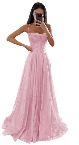 Glitzernde Pailletten Tüllkleider Damen Spaghettiträger Formelle Abendkleider Lange A Linie Partykleider Blush Pink M
