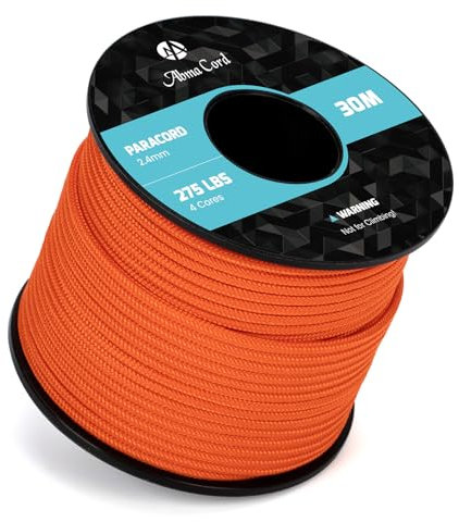 Abma Cord Paracord 275 Nylon Seil 2,4mm 30m Schnur mit 4 Kern für Basteln, Camping, Survival - Max. 125kg (275lbs) - Orange