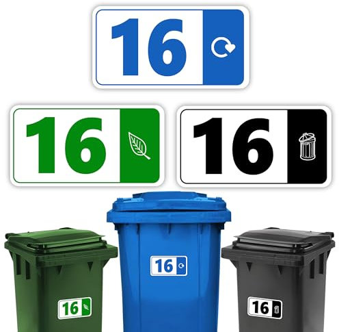 3 x Bin Numbers for Wheelie Bins, 1-99, ‘Waste Icon’ Design, 10x19cm Dustbin Stickers, Easy Application Stick On Number Stickers - Weatherproof Self Adhesive Vinyl – Blue, Black and Green (16)