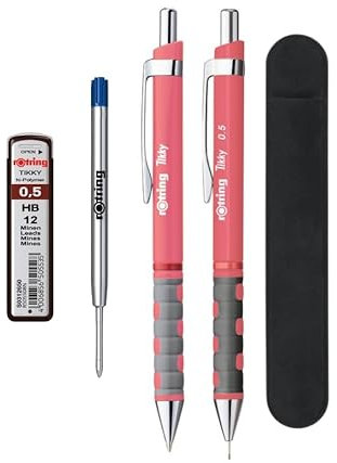 rOtring Tikky Pastell-Kugelschreiber und Druckbleistift, blaue Tinte (M), HB 0,5 mm, Teerosen-Fässer, Samt-Federmäppchen + blaue Stiftmine und HB 0,5 mm Bleistiftminen