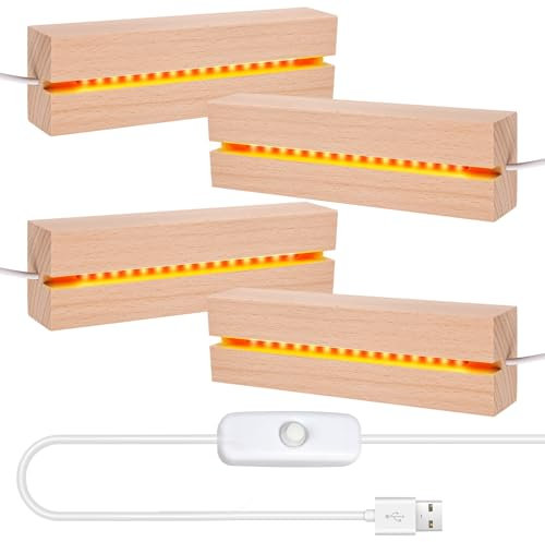 Base de Madera LED USB, 4 Unidades de Zócalos Rectangulares, Adornos para Cristal Acrílico, Pantalla de Placa Acrílica (15 cm, Blanco)