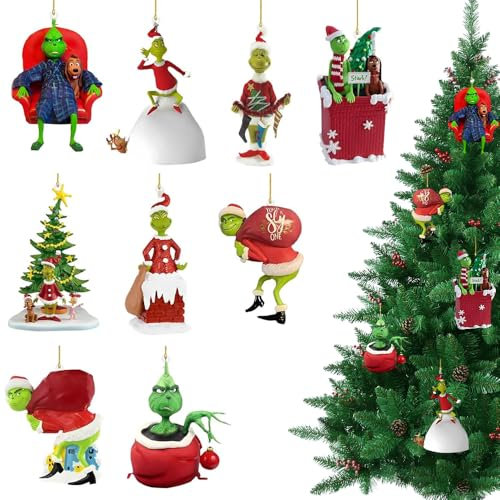 Dhqkqg 9 Stück Grin-ch Weihnachtsschmuck, Weihnachtsbaumschmuck, 2D Elf Christmas Decorations, Grin-ch deko weihnachtenanhänger, 2024 Lustige Christbaumschmuck für Zuhause Festliche Partys