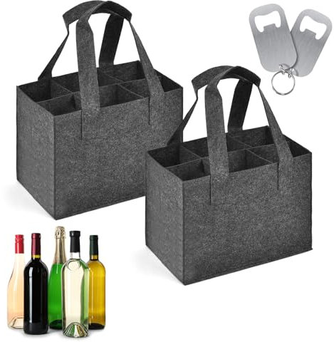 HOTUT Wine Bottle Carrier Bag With 6 Compartments - 2 Pcs Felt Tote for Red Wine, Champagne, Beer, Water Bottles