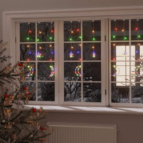 Homgoday Lichterketten Stern und Mond Fernbedienung, Weihnachtsbeleuchtung Weihnachtsdeko Innen Fenster, Lichtervorhang, für Weihnachten, Party, Deko, Hochzeit, Garten, Balkon 138 LED Bunt