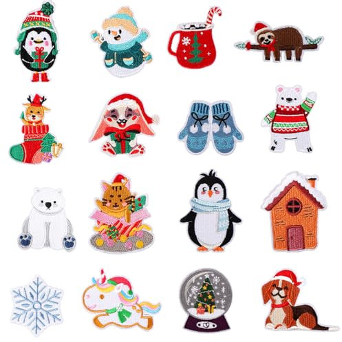 16stk Aufbügelflicken mit Wintermotiv, 16 Stile Winter-Stickerei-Aufnäher zum Aufbügeln Süß Bestickte Applikation zum Aufnähen Saisonales DIY-Bastelzubehör für Kleidung Schuhe Taschen Hüte