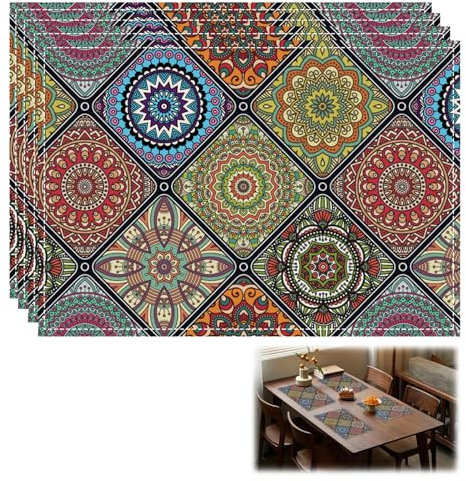 4 Pcs Vintage Geometric Moroccan Colourful Mandala Bohemian Place Mats - Modern Fabric Table Mats Set for Party Kitchen Dining Decoration, 32x42 cm