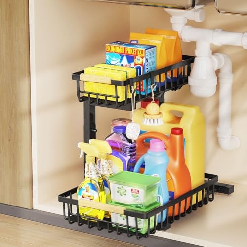 Lot de 1 Organisateurs sous Évier à Double Niveau, Design En L, Hauteur Ajustable 35,5-43,5 cm, Structure en Acier au Carbone Renforcé, Rangement et Organisation pour Cuisine, Salle de Bain, Buanderie