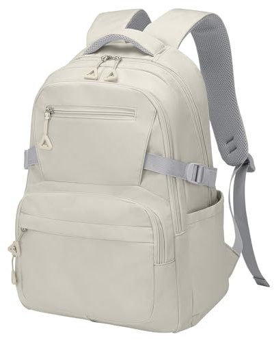 SUIKIHUM Girls Backpack, Lightweight Aesthetic Bookbag with Anti-Theft Pocket, Fit 15.6 Inch Laptop Backpack for College and Daily Use (Beige)