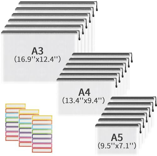 18 Stück Dokumententasche A3+A4+A5, Reißverschluss taschen mit Etikett, Wasserdichte Mesh-Taschen Kunststoff, Reißverschlusstasche Zipper Tasche für Schule, Büro, Reisen (Schwarz)