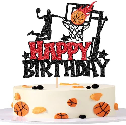 Xsstarmi 1 Pack Basketball Theme Happy Birthday Cake Topper Star Glitter Basketball Sports Player Shooting Cake Pick for Basketball Theme Baby Shower Birthday Party Cake Decorations Black Red