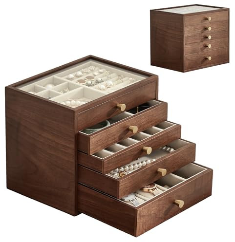 Baolivi Schmuckaufbewahrung Schmuckkästchen aus Holz 5 Ebenen Moderne Massivholz Schmuckkasten Groß Schmuckschatulle mit Glasabdeckung 5 Schubladen Jewelry Organizer für Damen Schmuck Ringe Armband