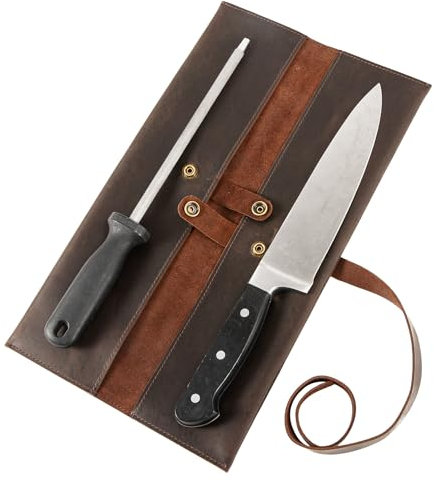 Leather Double Knife Roll for Chefs,Vertical Knife Storage Case,Portable Travel Carry-On Roll Bag,Rectangular Protector Sheath Pouch Organizer for Chef Kitchen Cutlery Knives Accessories,Cooking Tool