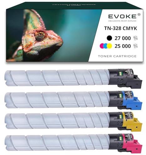 Evoke 4 Tonerkartuschen für Konica Minolta TN-328 CMYK, 27.000 Seiten, Schwarz + 25.000 Seiten, jede Farbe, TN328, kompatibel mit C 250 i C 300 i C 360 i