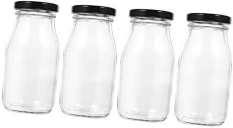 HEALEEP Bouteille De Lait En Verre Avec Couvercle Métal 200 Ml, Récipient à Lait Pour Réfrigérateur, Lot De 4 Pièces, Matériau Sécurisé, Usage Portable Pour École Et Travail