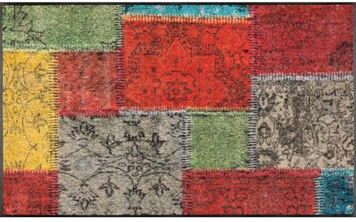 FLOORNOVO Schmutzfangmatte Trend Design - 120 x 75 cm - Vintage-Patches - waschbare Fußmatte mit Motiv Innen und Außen - rutschfest und lichtfest