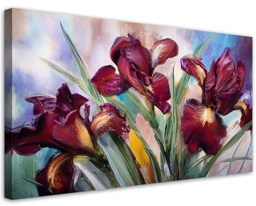 Feeby Wandbilder - Bilder Schlafzimmer - Blumen Iris Rot gemalt - 100x50 1tlg - Wohnzimmer Bild Groß - Wohnungs - Foto Geschenk - Leinwand Wall Art - Wand Deko