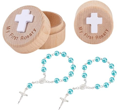 AHANDMAKER My First - Braccialetti blu con scatola dei ricordi, regalo per battesimo, con braccialetti rotondi di perle azzurre per baby shower (blu)