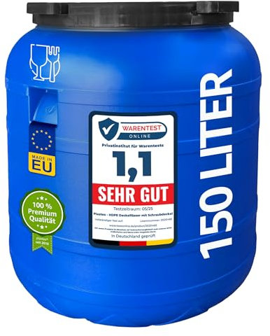 plasteo® 150 Liter Weithalsfass mit Schraubdeckel Futtertonne Kunststofffass Universalfass Deckelfass Lebensmittelecht Wasserfass Regentonne Lagerfass | Stabile Griffmulden | Blau