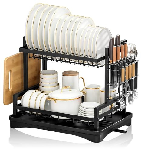 kisidus Abtropfgestell Geschirr 2-stufiges Geschirrregal 42 x 31 x 33 cm | Geschirrregal mit Abtropfschale, Platzsparendes Geschirr Abtropfständer, Drehbarem Auslauf, Schwarz