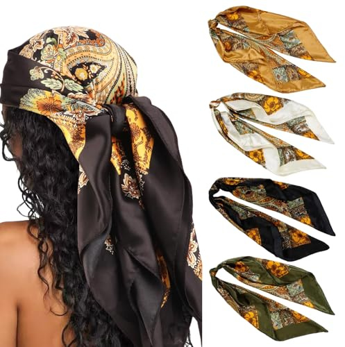 Evadollina Bandana, 4 Stück Bandana Damen, Seidentuch 90x90, Festival Accessoires, Seidentuch, Kopftuch, Haarschmuck Festival, Halstuch Damen, Haartuch