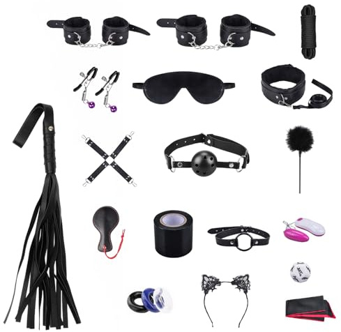 18 Pièces Kits de Contention, Jeux de Rôle pour Couple avec Menottes Fouet Bandeau, Corde et Vibromasseur, Kit Plaisir Sensoriel pour Adulte Débutant