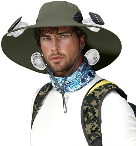 Solar Powered Fan Hats for Men UK - Wide Brim Sun Hat with USB Rechargeable Cooling Fan Fishing Hat with 2/4 Solar Power Fans for Outdoor Lightweight Summer Sun Protection Breathable Bucket Hats