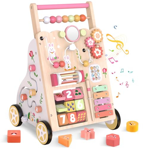 Weilim Baby Lauflernwagen Holz, Montessori Lauflernhilfe ab 12 Monaten | Sensorik-Spielzeug 10 Aktivitäten, Geschwindigkeit & Höhe verstellbar, Xylophon Labyrinth Perlen Spiegel, Jungen & Mädchen