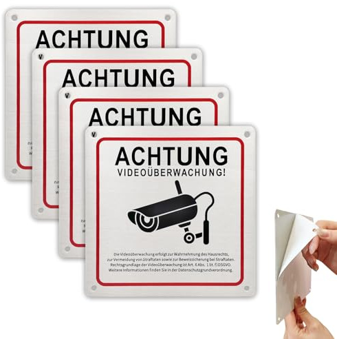 ROEOWENE 4PCS Videoüberwachung Schild für Kamera,Überwachungskamera | Aluminium Selbstklebend 15×15cm Achtung Privatgrundstück Schilder Kameraüberwachung Hinweisschild Warnschild